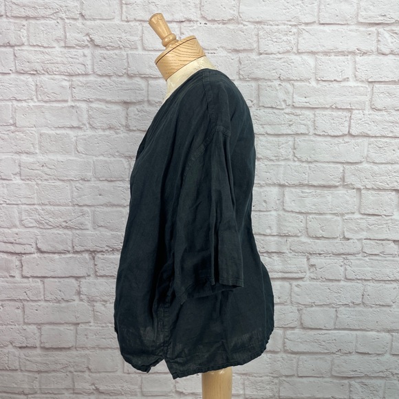 Flax Lagenlook Charcoal Short Sleeve Square Button 100% Linen Top Size L - Picture 3 of 6